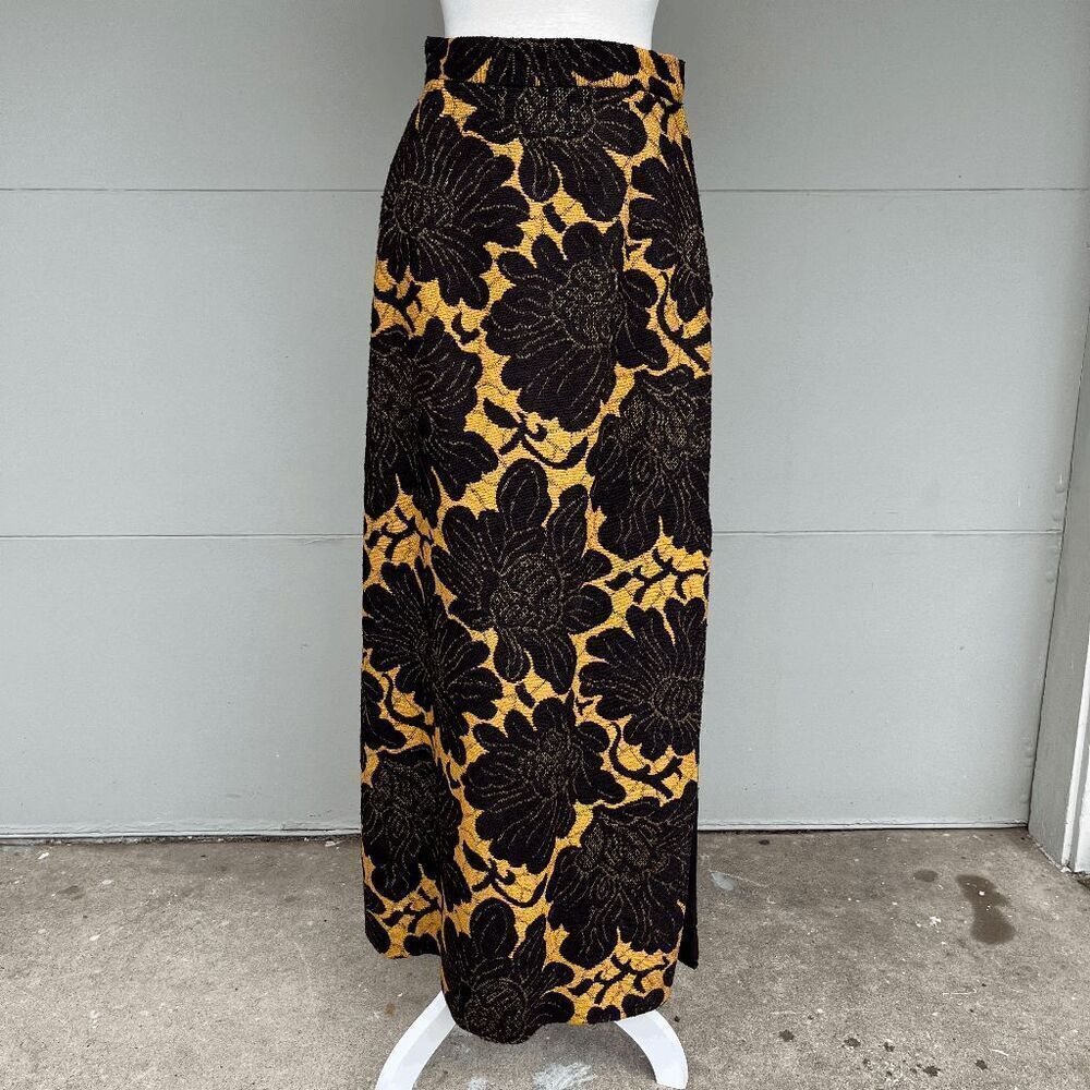 VTG 70s Jacquard Floral Maxi Skirt Union Made Bold Yellow Black Sustainable M 6–